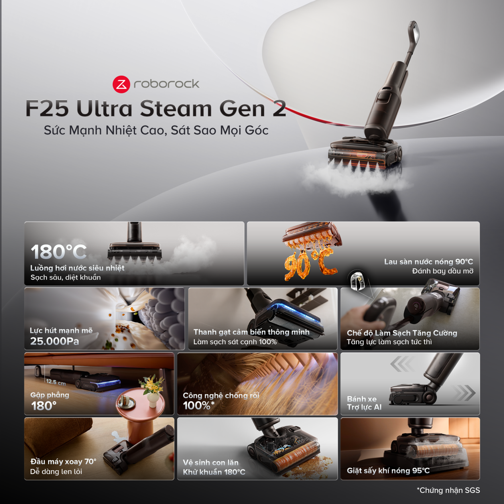 Máy Lau Nhà Roborock F25 Ultra Steam Gen 2 | Lực Hút 25.000 Pa