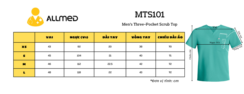 Áo Scrubs cao cấp nam thương hiệu MOH, cổ V-neck, 3 túi, chất vải và form chuẩn Mỹ (MTS101)