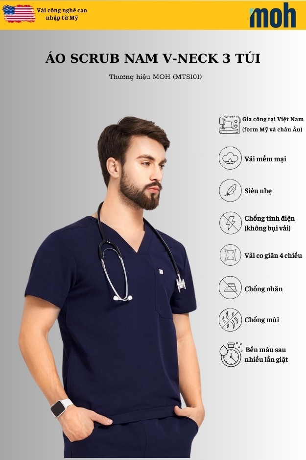 Áo Scrubs cao cấp nam thương hiệu MOH, cổ V-neck, 3 túi, chất vải và form chuẩn Mỹ (MTS101)