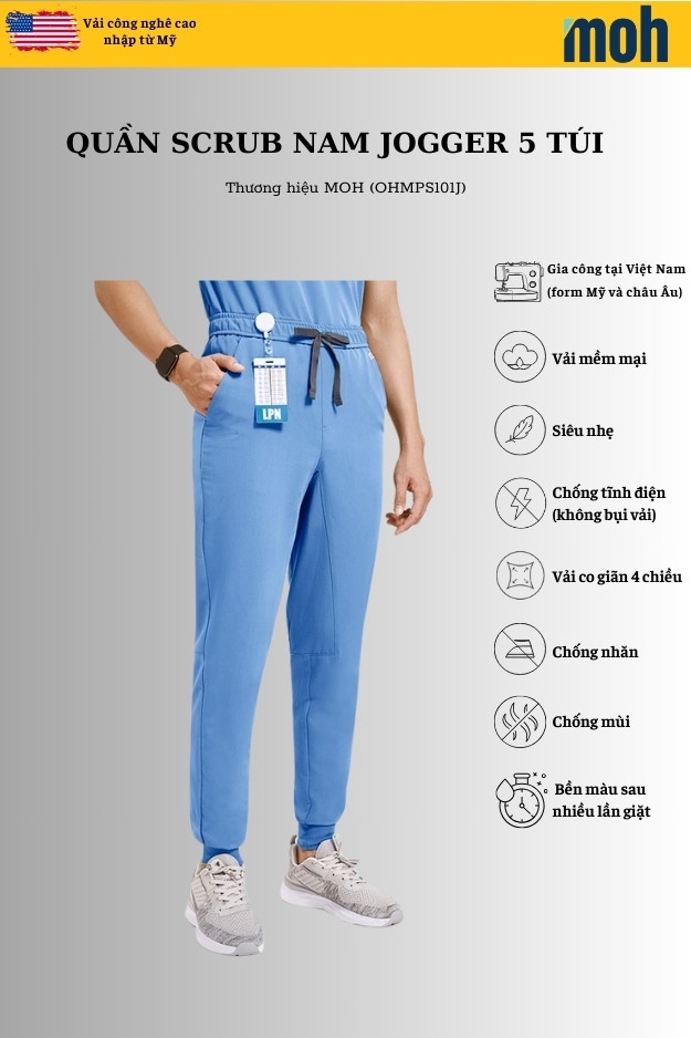 Quần Scrubs nam cao cấp, thương hiệu MOH, kiểu Jogger, 5 túi, chất vải và form chuẩn Mỹ (MPS101J)