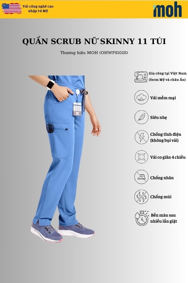 Quần Scrubs nữ cao cấp, thương hiệu MOH, kiểu Skinny, 11 túi, chất vải và form chuẩn Mỹ (WPS102S)