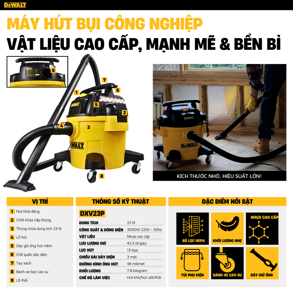 Máy hút bụi Công nghiệp 3 chức năng Dewalt DXV23P.