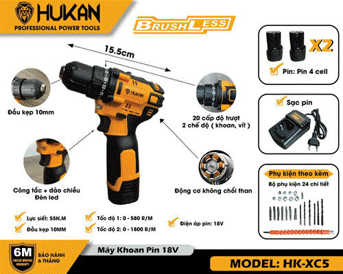 máy khoan pin từ không chổi than hukan -hk/xc5