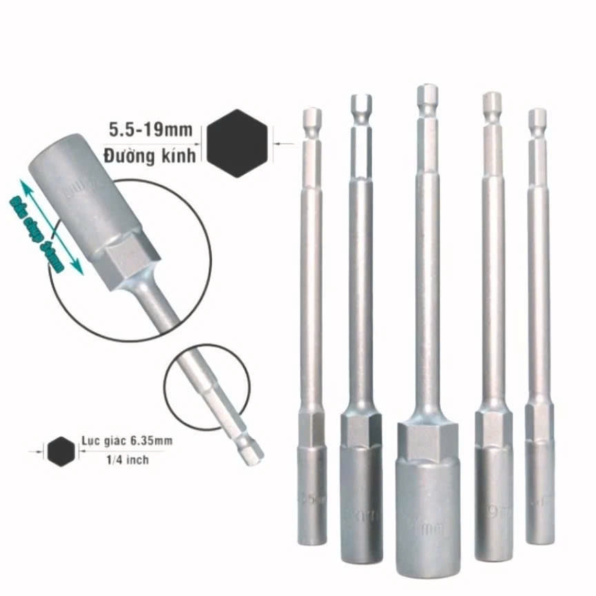 Bộ 15 Đầu Chụp Khẩu Bulong Dài 15cm Lắp Nhanh Cho Máy Bắn Vít 5.5mm -19mm