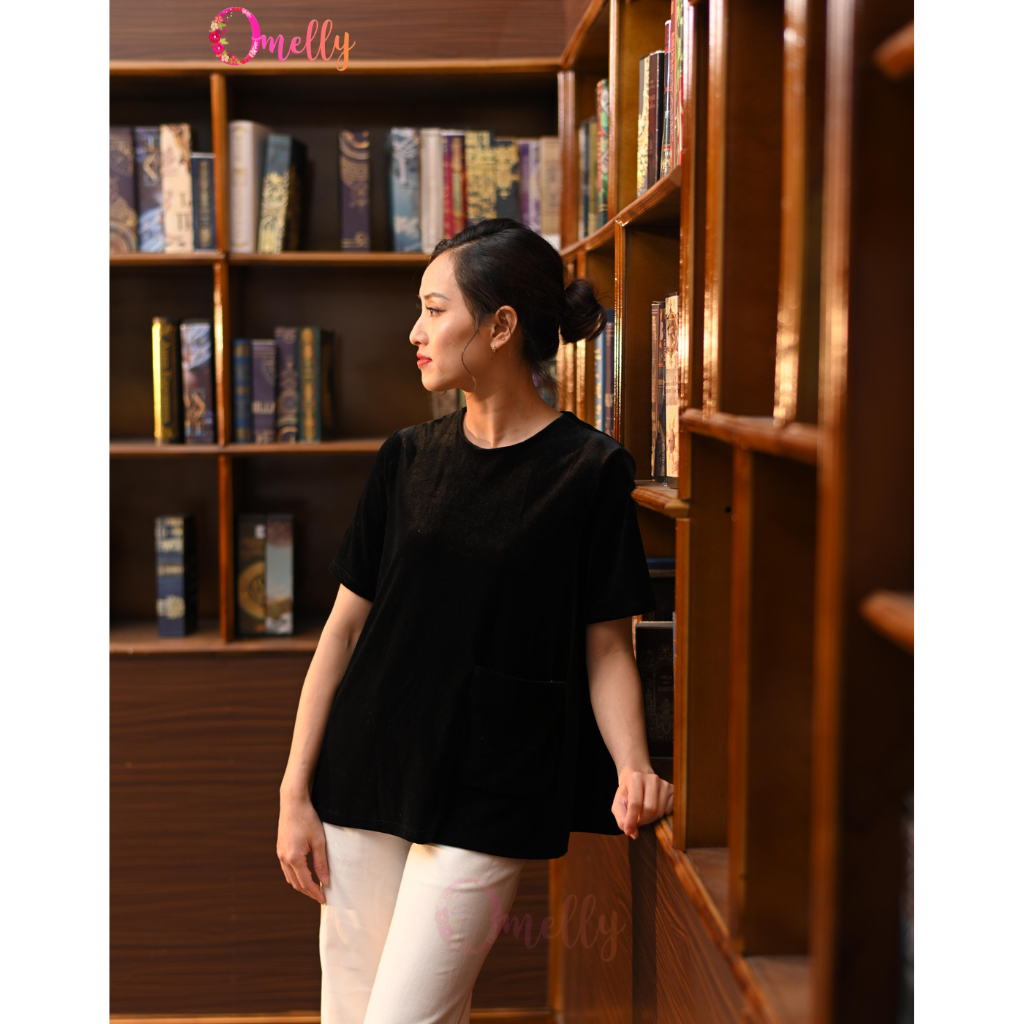 Áo nhung đen ngắn tay