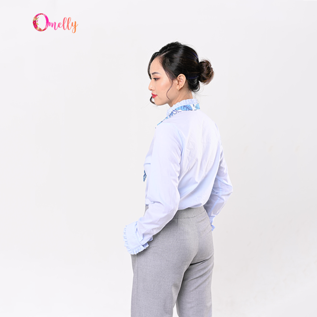 Áo sơ mi xanh cổ bèo thắt nơ duyên dáng phong cách công sở