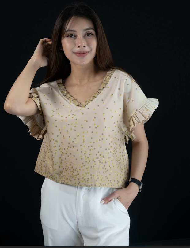 Áo ngắn tay cổ V cổ nhún thắt nơ lưng