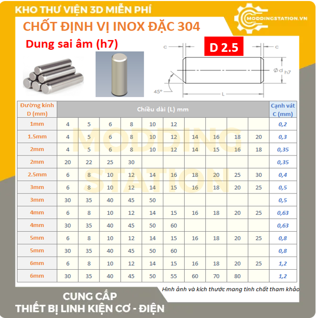 Chốt định vị đặc inox 304 size D2.5x30 dung sai âm (h7)