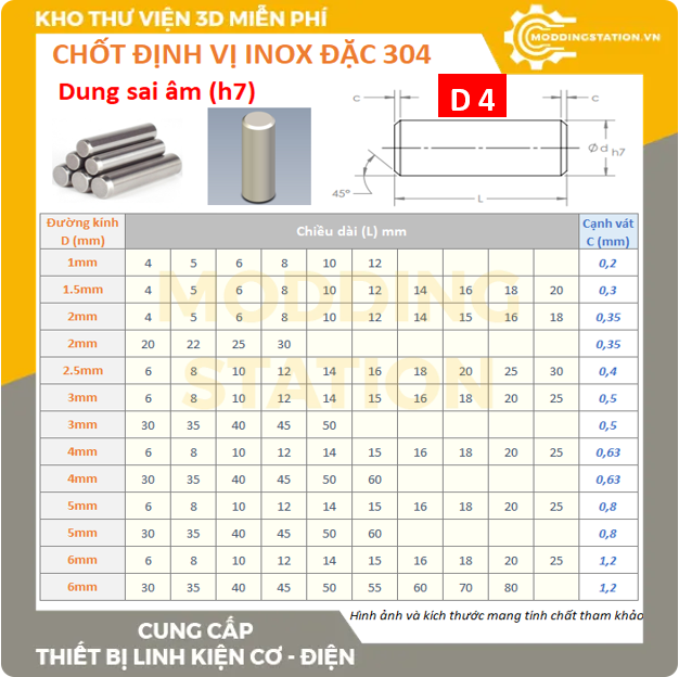 Chốt định vị đặc inox 304 size D4x6 dung sai âm (h7)