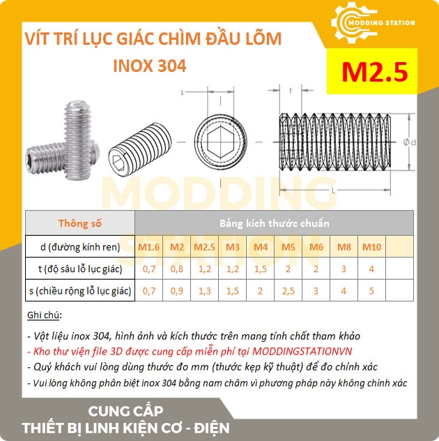 Vít trí lục giác chìm đầu lõm inox 304 size M2x12