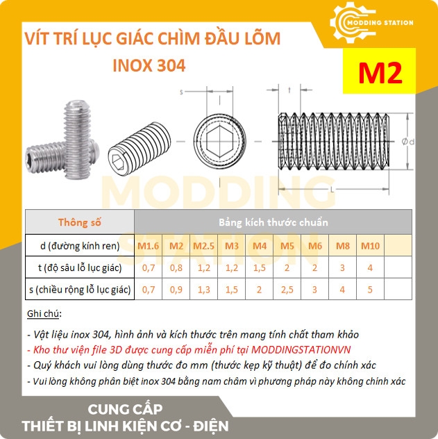 Vít trí lục giác chìm đầu lõm inox 304 size M2x2