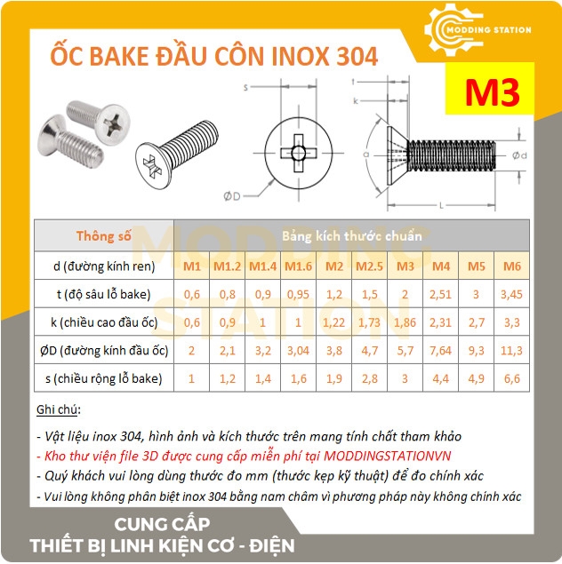Ốc Bake đầu côn inox 304 size M3x8