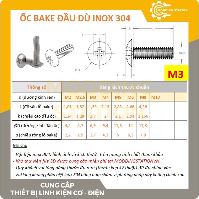 Ốc Bake đầu dù inox 304  size M3x25