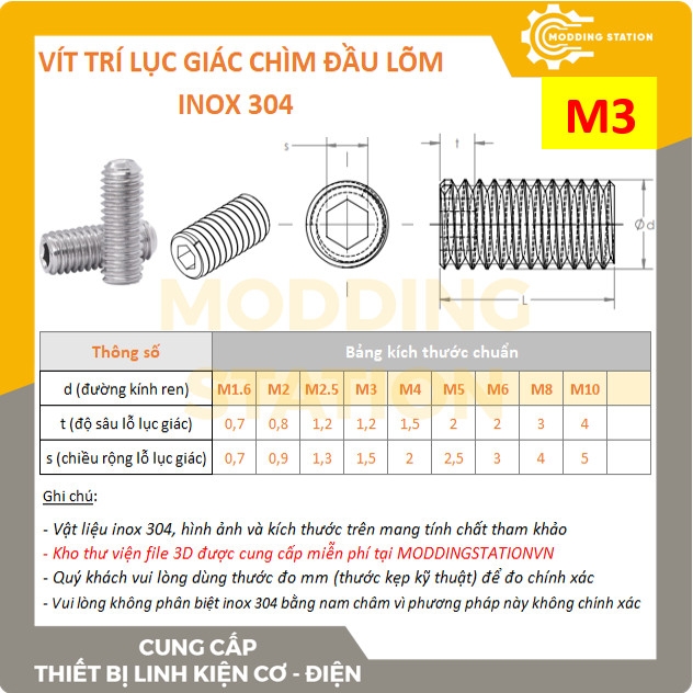 Vít trí lục giác chìm đầu lõm inox 304 size M3x14