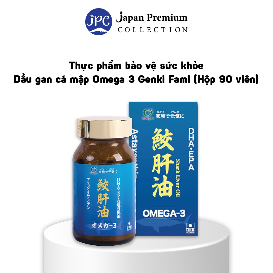 Thực phẩm bảo vệ sức khỏe Dầu gan cá mập Omega 3 Genki Fami (bảo vệ tim mạch, giảm Cholesterol) Nhật Bản - Hộp 90 viên