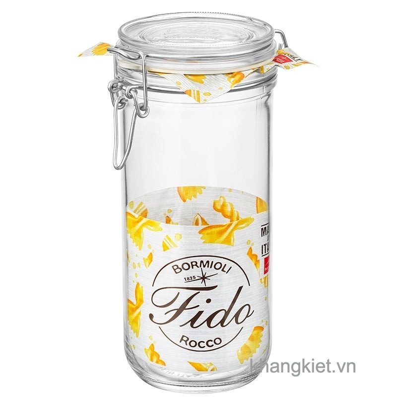 Hũ thủy tinh nắp cài kín hơi Fido thân tròn cao 1L – Bormioli Rocco (Made in Italy)
