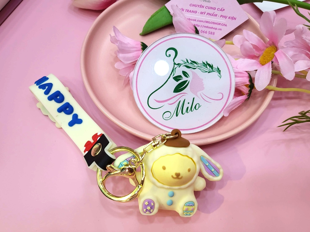 Móc khóa búp bê Sanrio Kuromi Melody Cinnamonroll kèm dây đeo chữ Happy