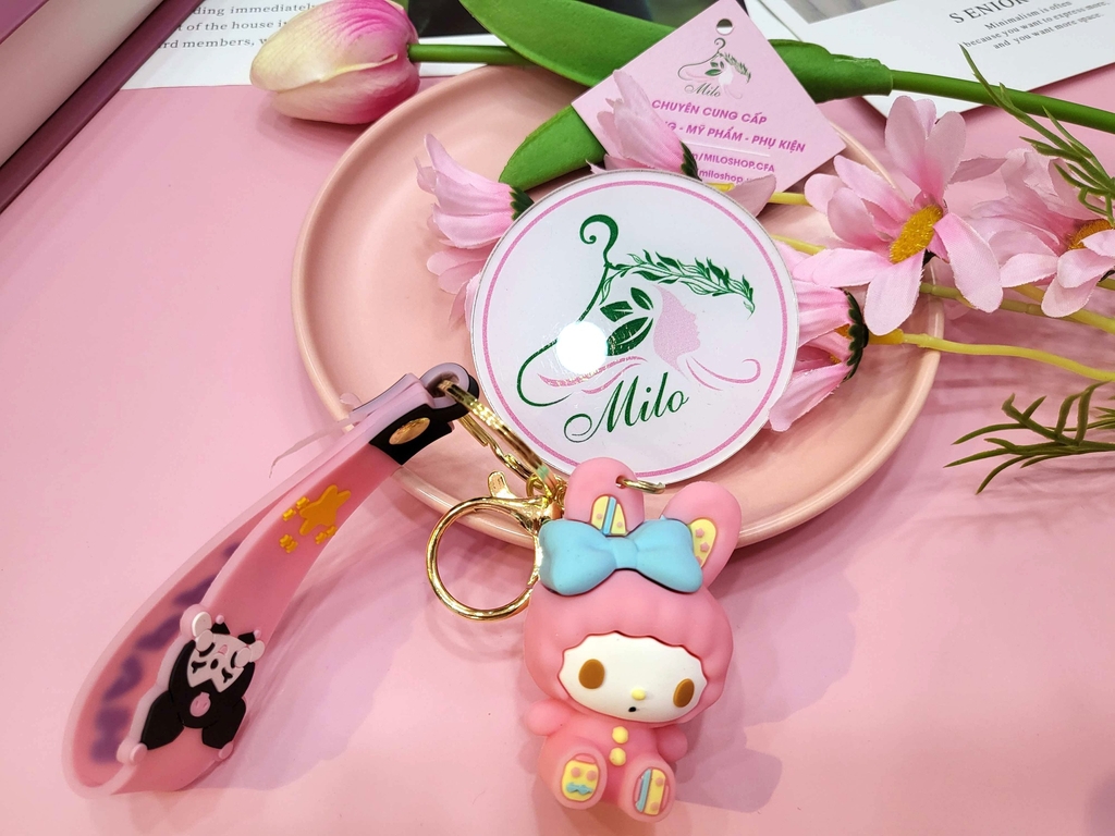 Móc khóa búp bê Sanrio Kuromi Melody Cinnamonroll kèm dây đeo chữ Happy