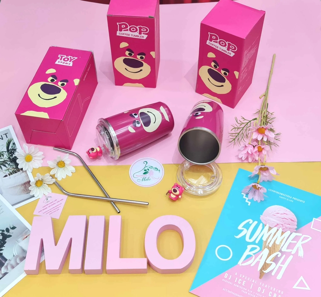 Ly giữ nhiệt gấu dâu Lotso full charm gấu - Pop Coffee Tumbler 450ml