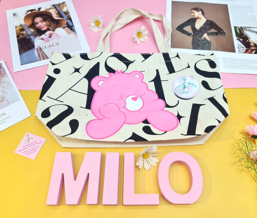 Túi tote đeo vai gấu bear cute (màu kem)