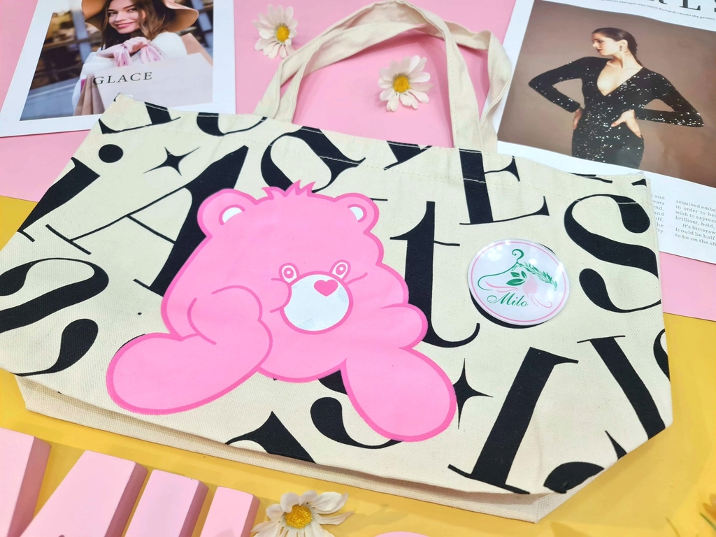 Túi tote đeo vai gấu bear cute (màu kem)