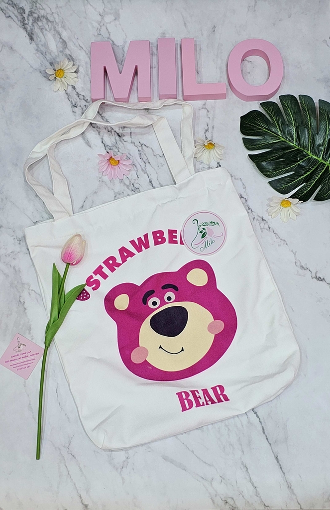 Túi tote Canvas gấu dâu Lotso cao cấp (có khóa kéo)