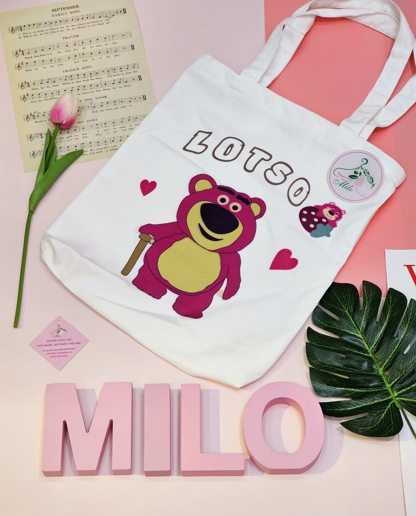 Túi tote Canvas gấu dâu Lotso cao cấp (có khóa kéo)