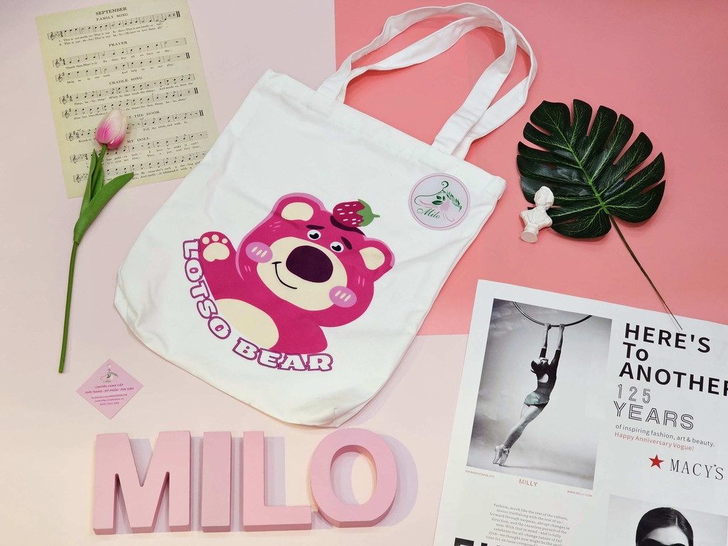 Túi tote Canvas gấu dâu Lotso cao cấp (có khóa kéo)