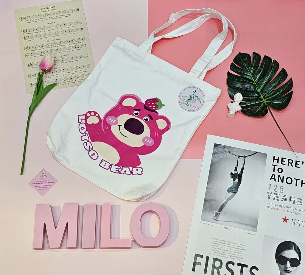 Túi tote Canvas gấu dâu Lotso cao cấp (có khóa kéo)
