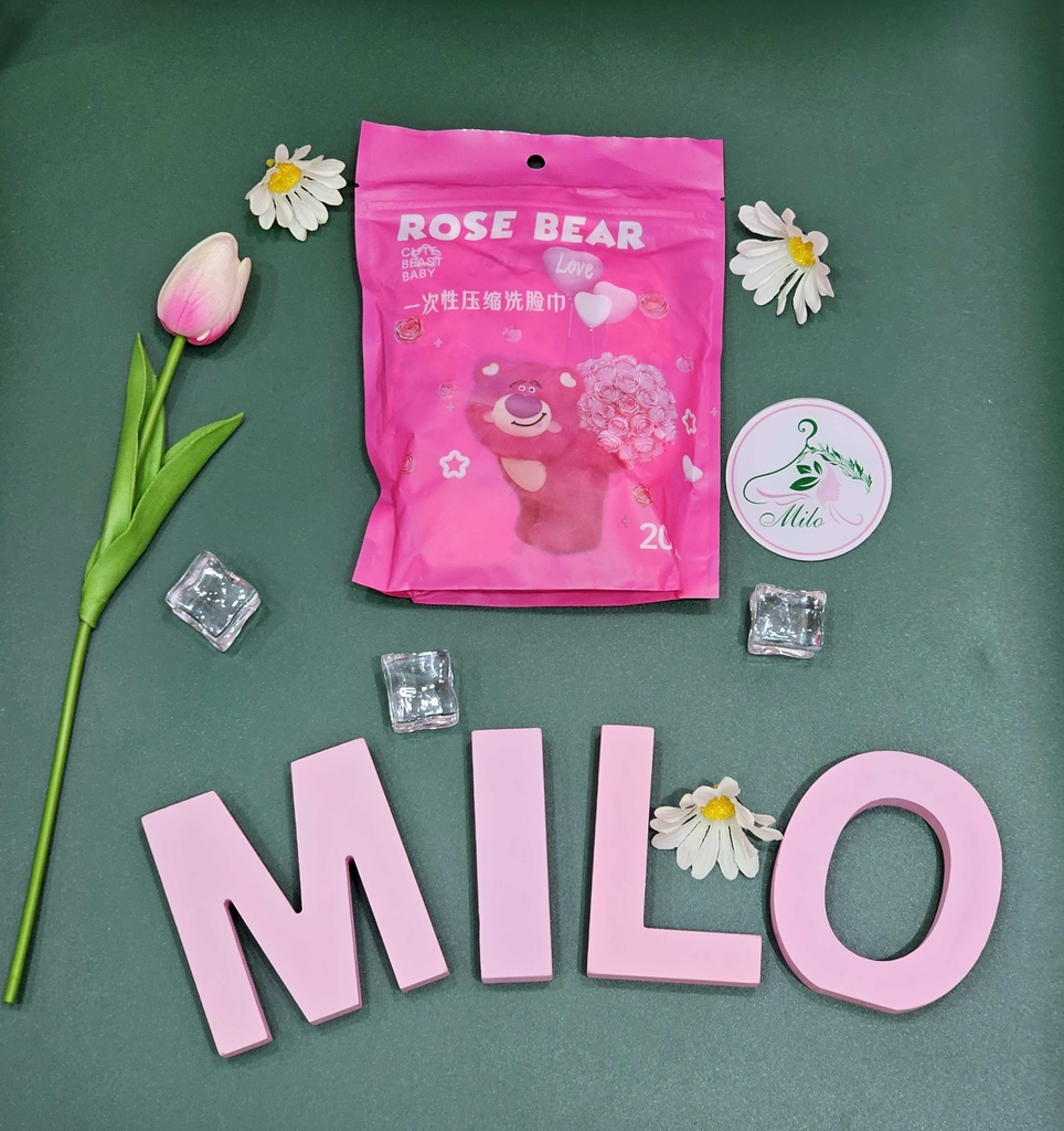 Khăn nén tẩy trang gấu dâu Lotso - Rose Bear (túi 20 viên)