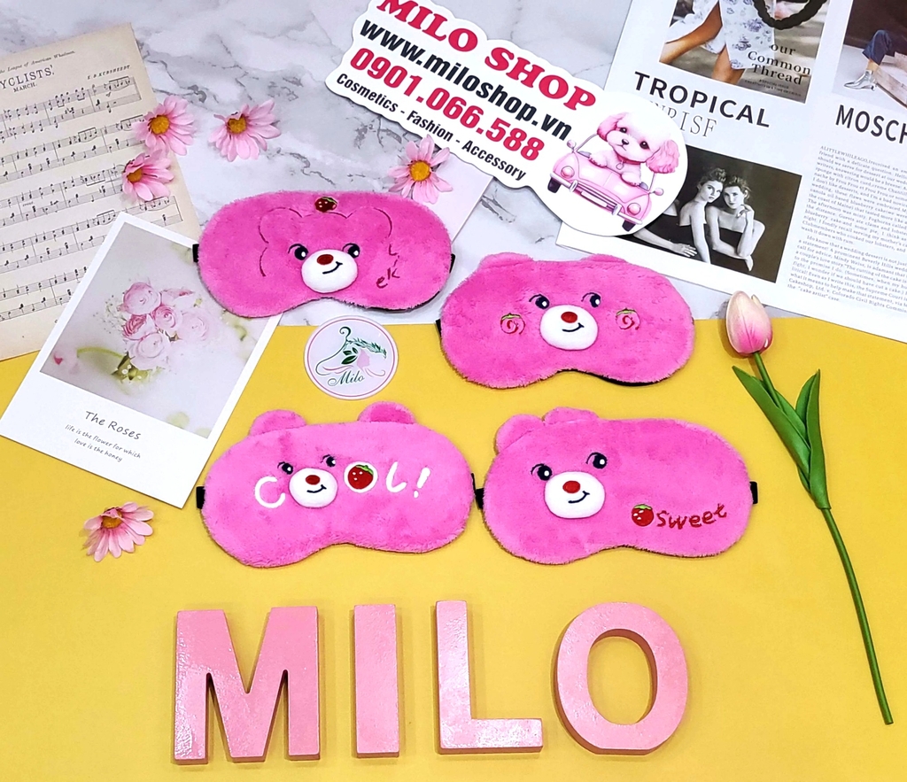 Bịt mắt ngủ lông mịn gấu dâu Lotso (có gel làm mát)