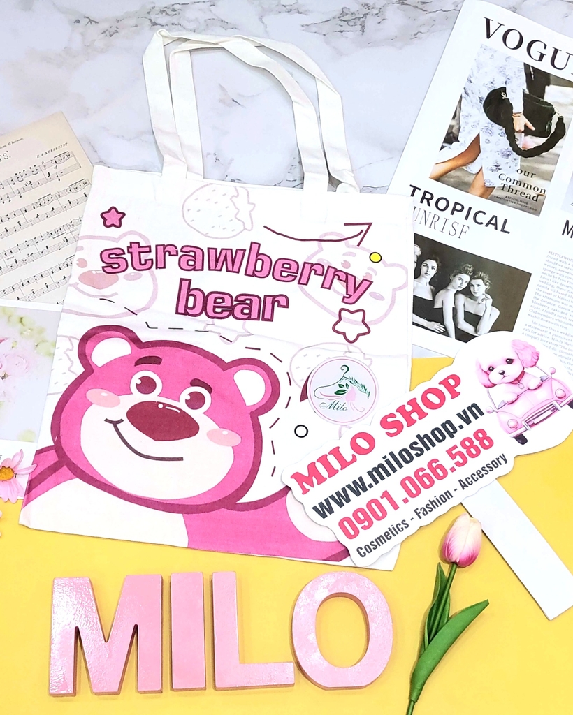 Túi tote canvas gấu dâu Lotso + Melody (Quảng Châu)
