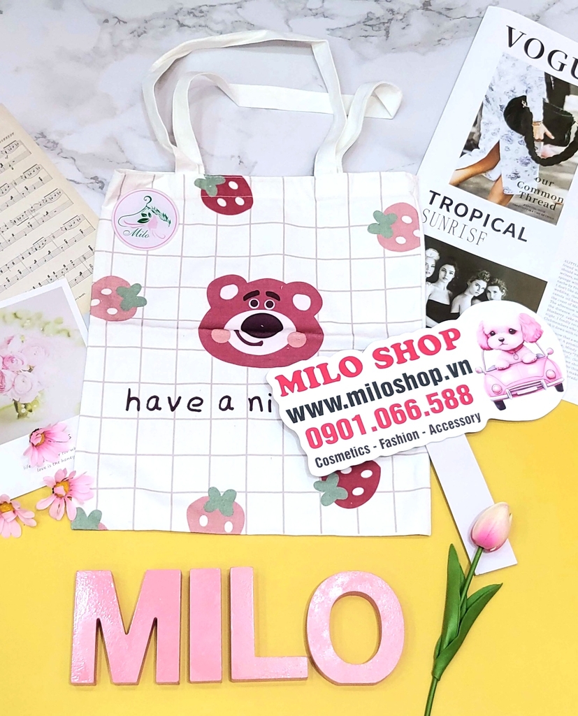 Túi tote canvas gấu dâu Lotso + Melody (Quảng Châu)