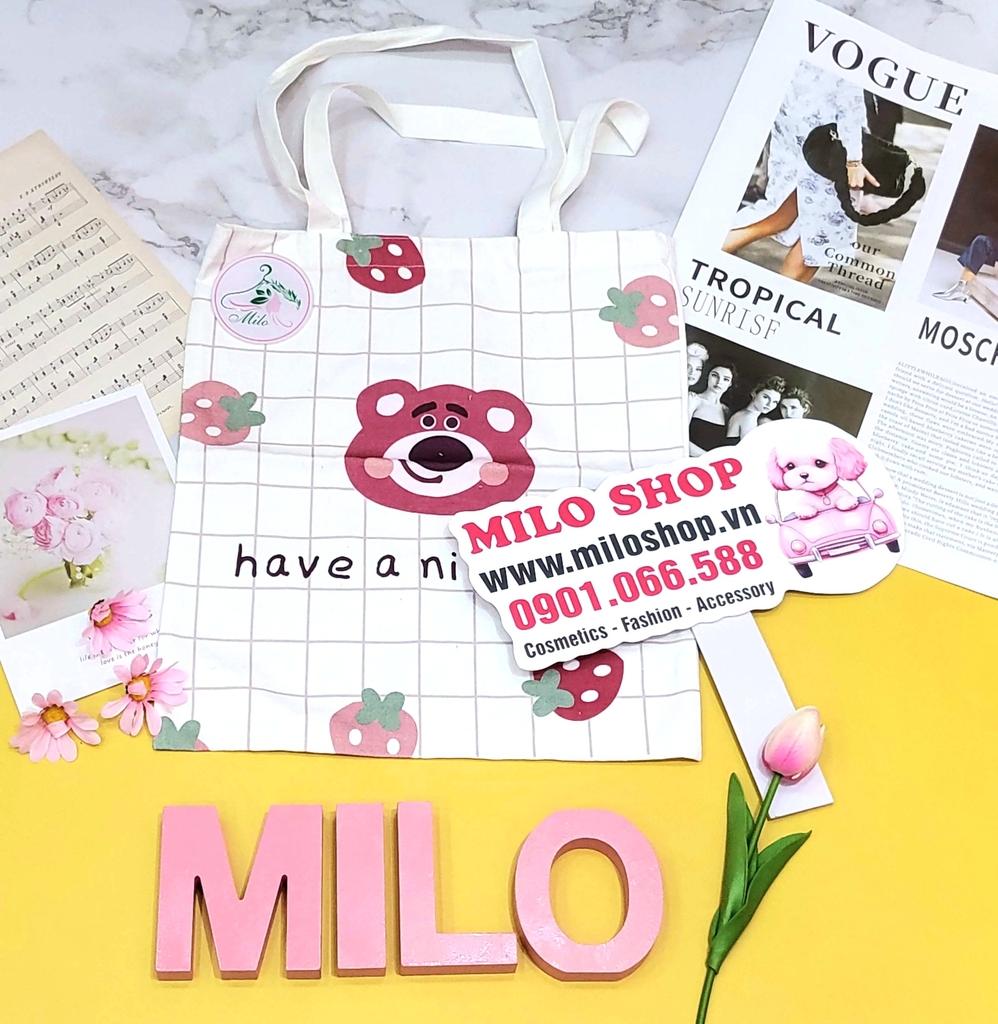Túi tote canvas gấu dâu Lotso + Melody (Quảng Châu)
