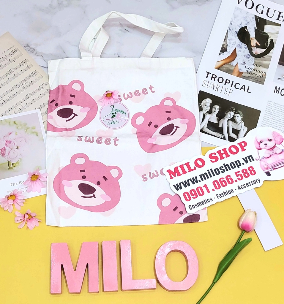 Túi tote canvas gấu dâu Lotso + Melody (Quảng Châu)