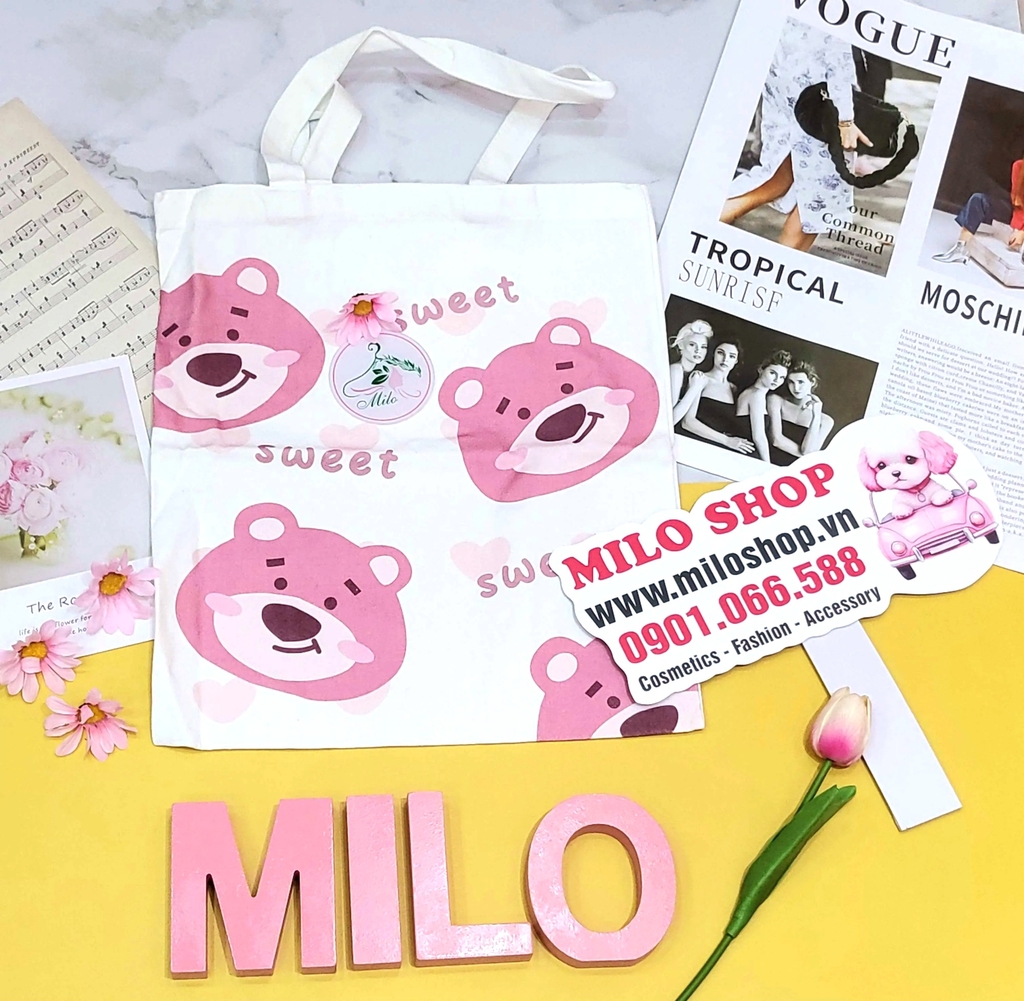 Túi tote canvas gấu dâu Lotso + Melody (Quảng Châu)