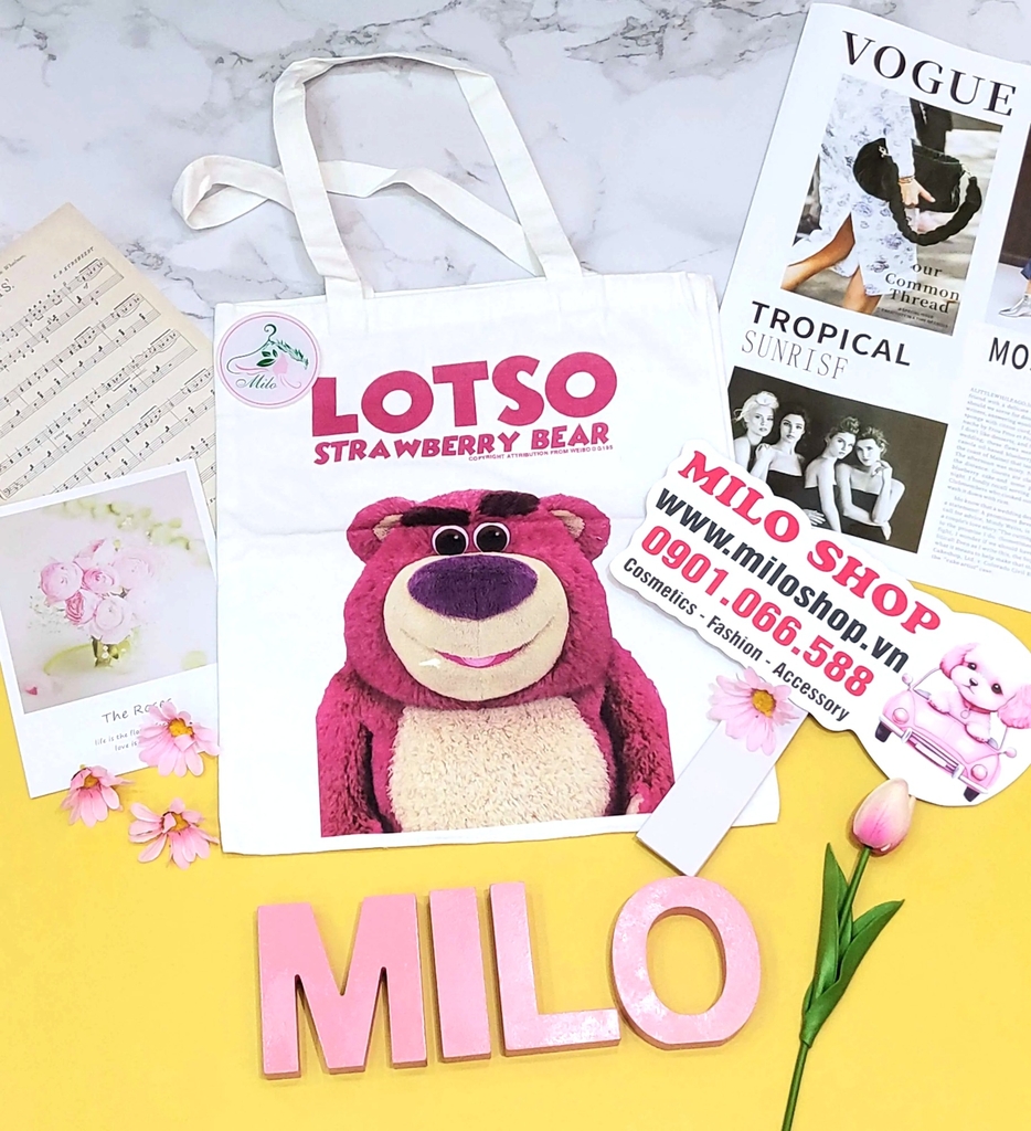 Túi tote canvas gấu dâu Lotso + Melody (Quảng Châu)