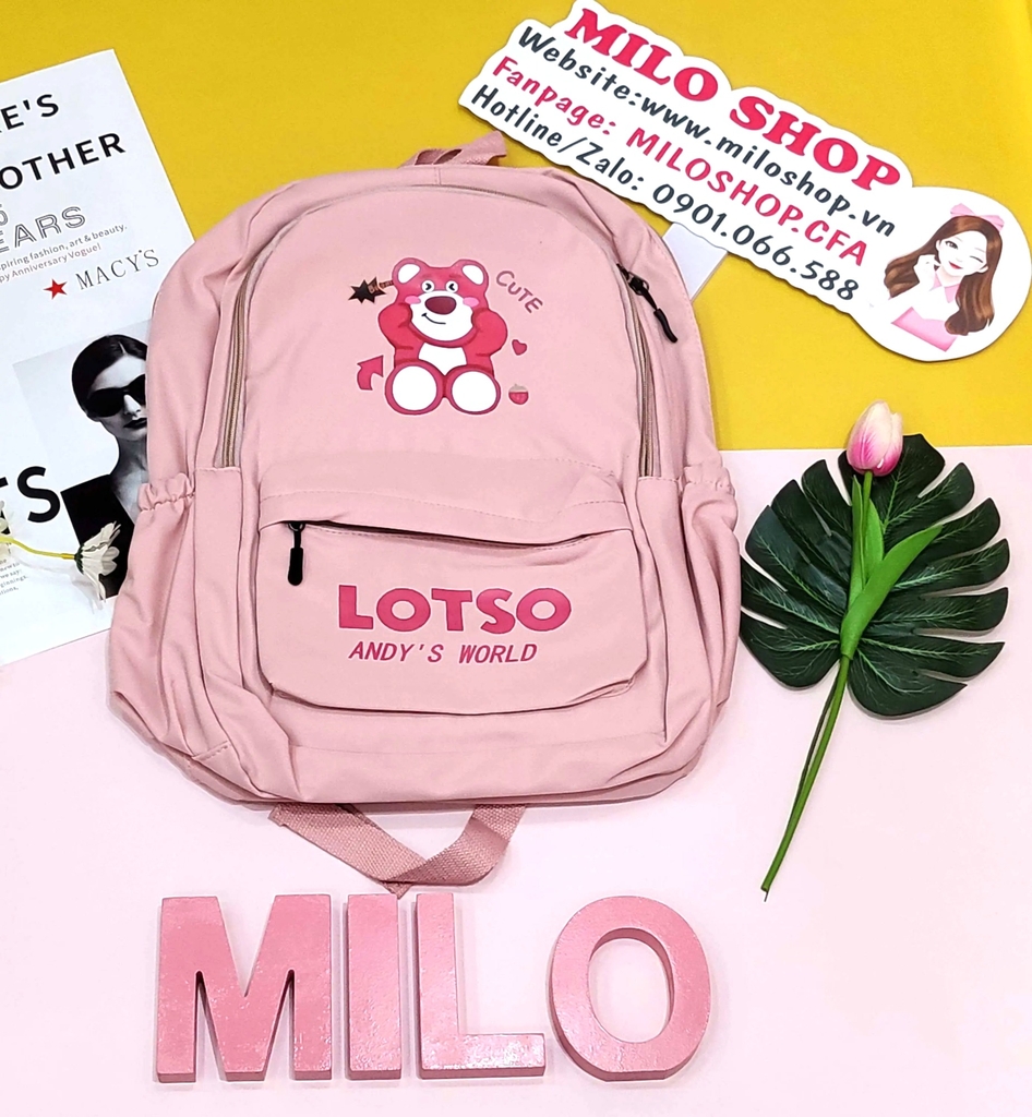 Balo Quảng Châu gấu dâu họa tiết chữ Lotso