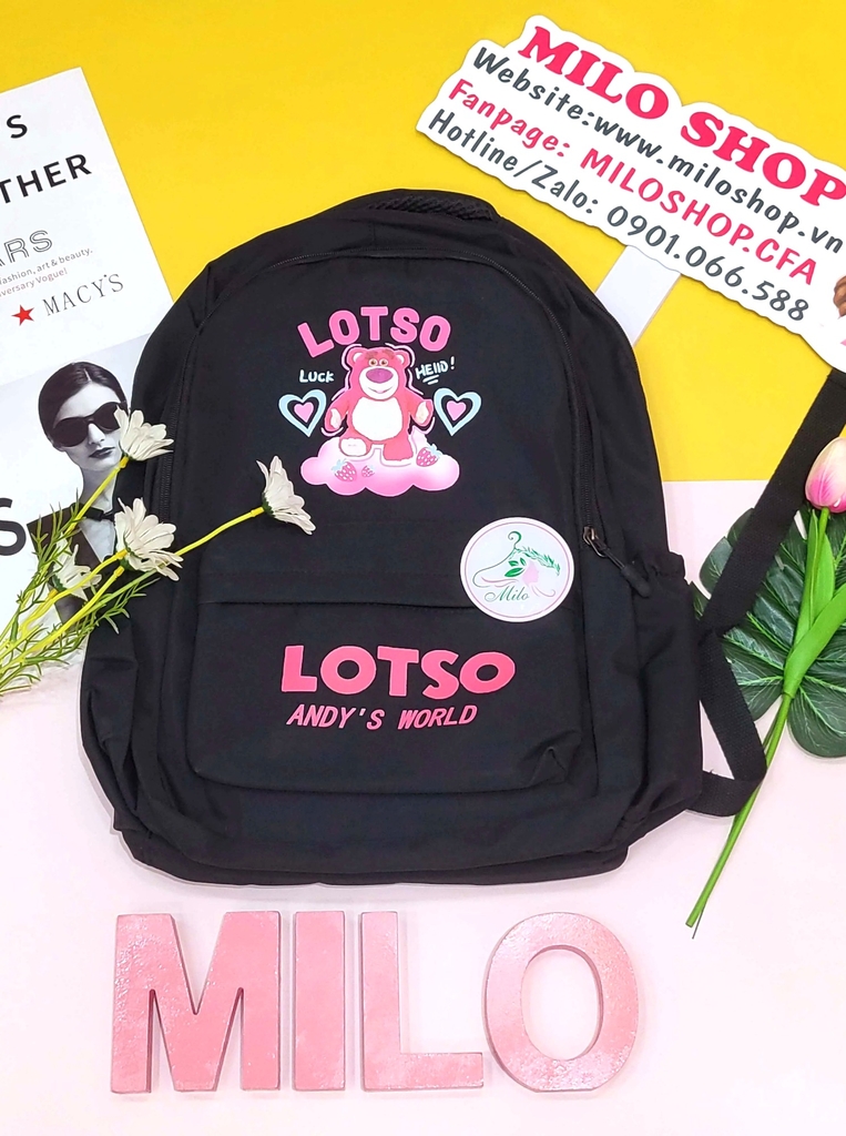 Balo Quảng Châu gấu dâu họa tiết chữ Lotso
