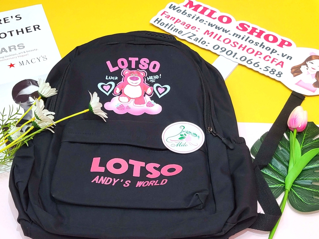 Balo Quảng Châu gấu dâu họa tiết chữ Lotso
