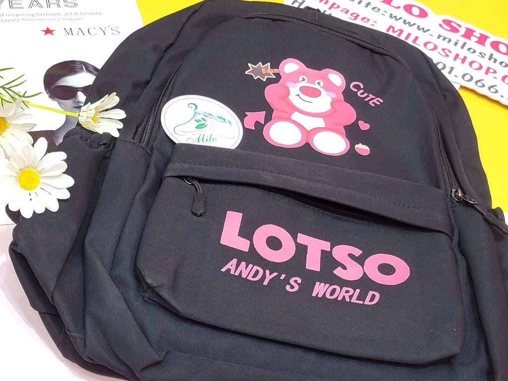 Balo Quảng Châu gấu dâu họa tiết chữ Lotso