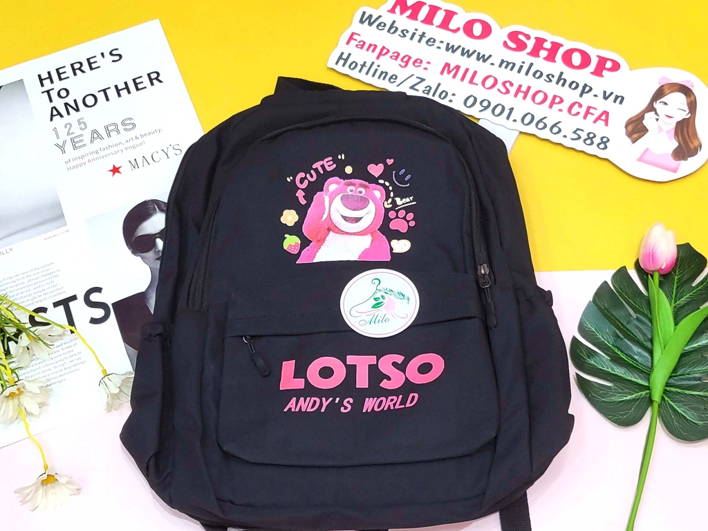 Balo Quảng Châu gấu dâu họa tiết chữ Lotso