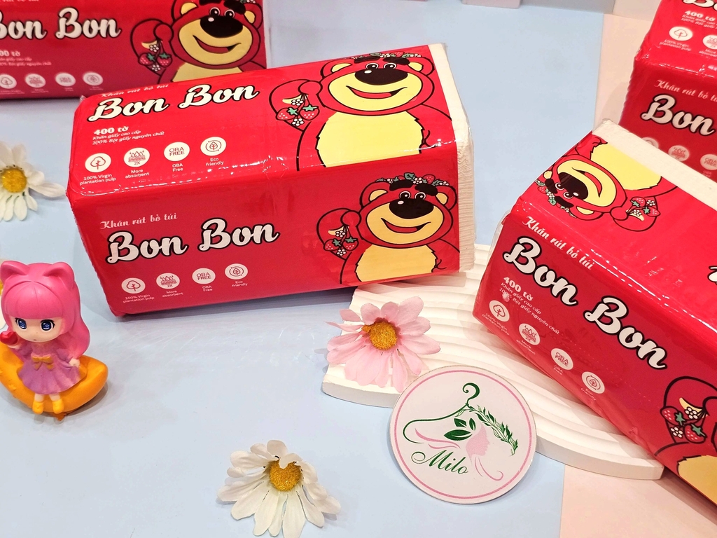 Khăn giấy khô gấu dâu Lotso Bon Bon cao cấp (dạng rút) - 400 tờ