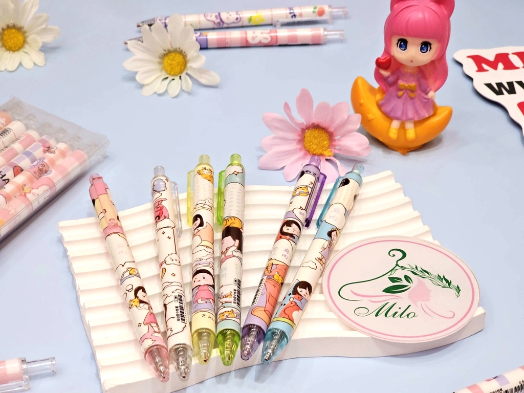Set hộp 6 bút bi bấm hoạt hình cute
