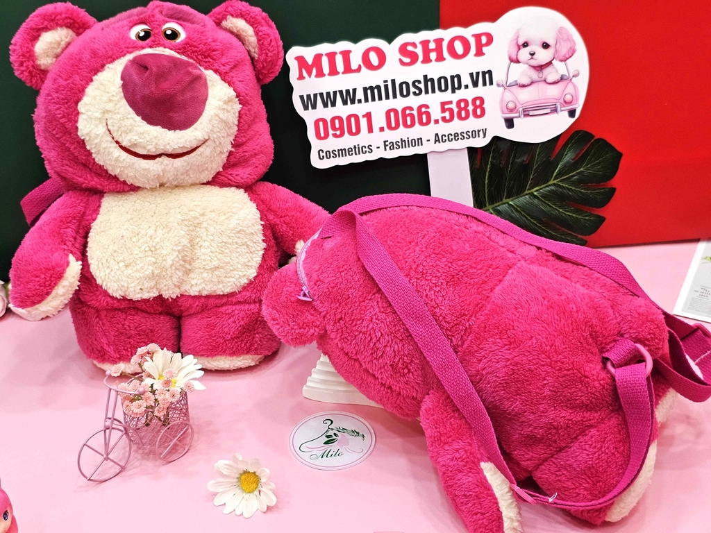 Balo gấu dâu Lotso lông mịn (hình gấu bông to)