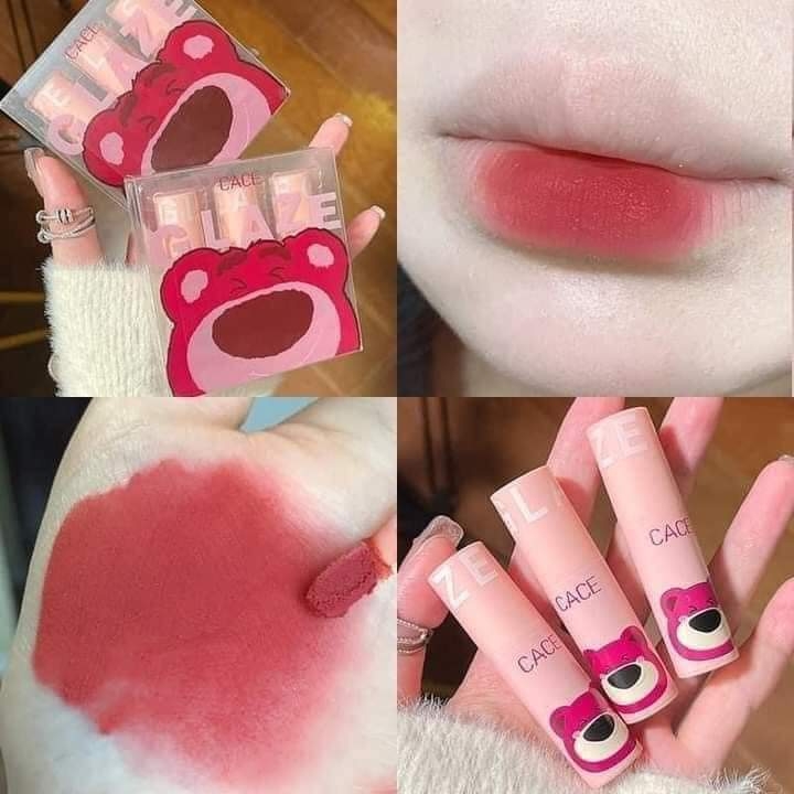 Son kem gấu dâu Lotso - Cace Berry Bear Matte Lip Mud - 3g (set 3 cây son)