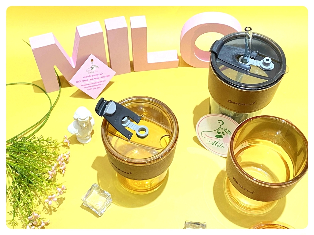 Ly thủy tinh Gorgous có nắp, bao da và ống hút thủy tinh-420ml
