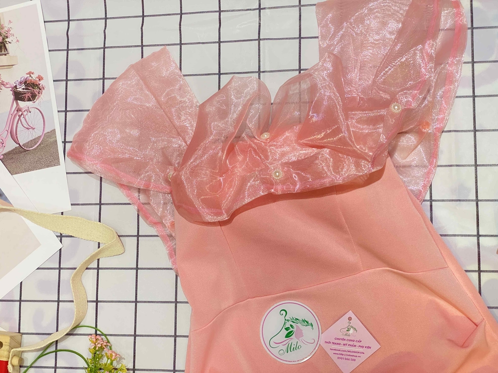Đầm body voan xếp ly bẹt vai đính cườm (có mút) - màu hồng