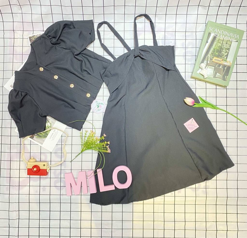 Set đầm cổ chéo kèm áo khoác (có mút) xinh xắn - màu đen