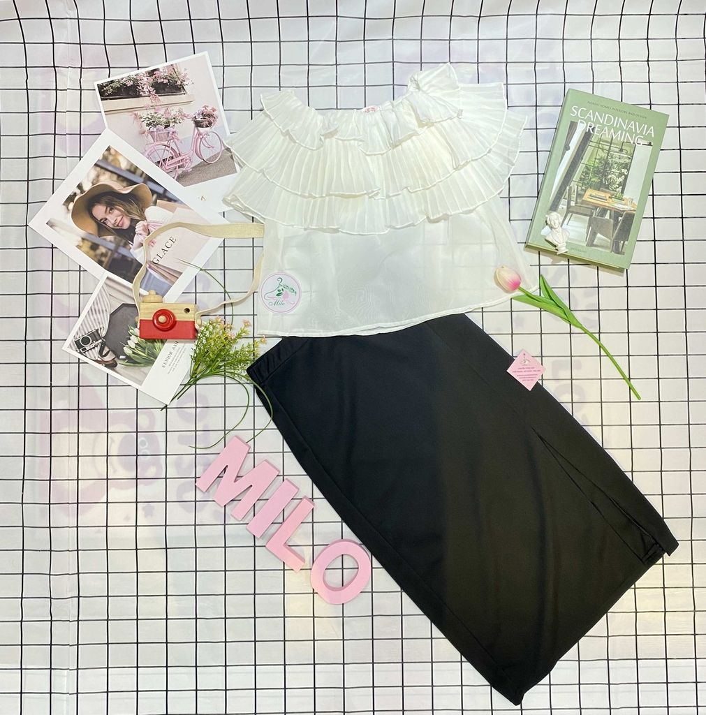 Set áo voan bèo 3 lớp dập ly phốn chân váy dài